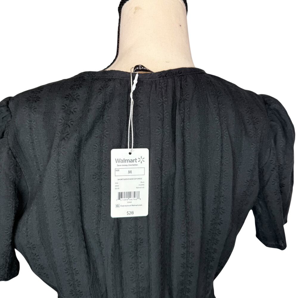 Black Midi Dress Size M Puff Sleeve Elastic Waist Casual Minimalist - Picture 7 of 7
